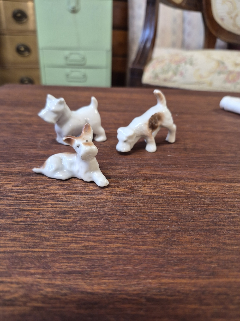 Vintage Ceramic Dog Figurine Trio - White with Brown Accents